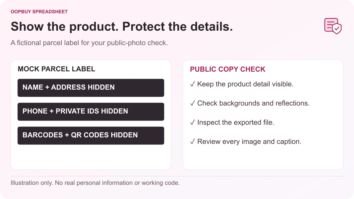 Oopbuy Spreadsheet haul-photo privacy illustration with a mock label covering name, address, phone, private references and code areas.
