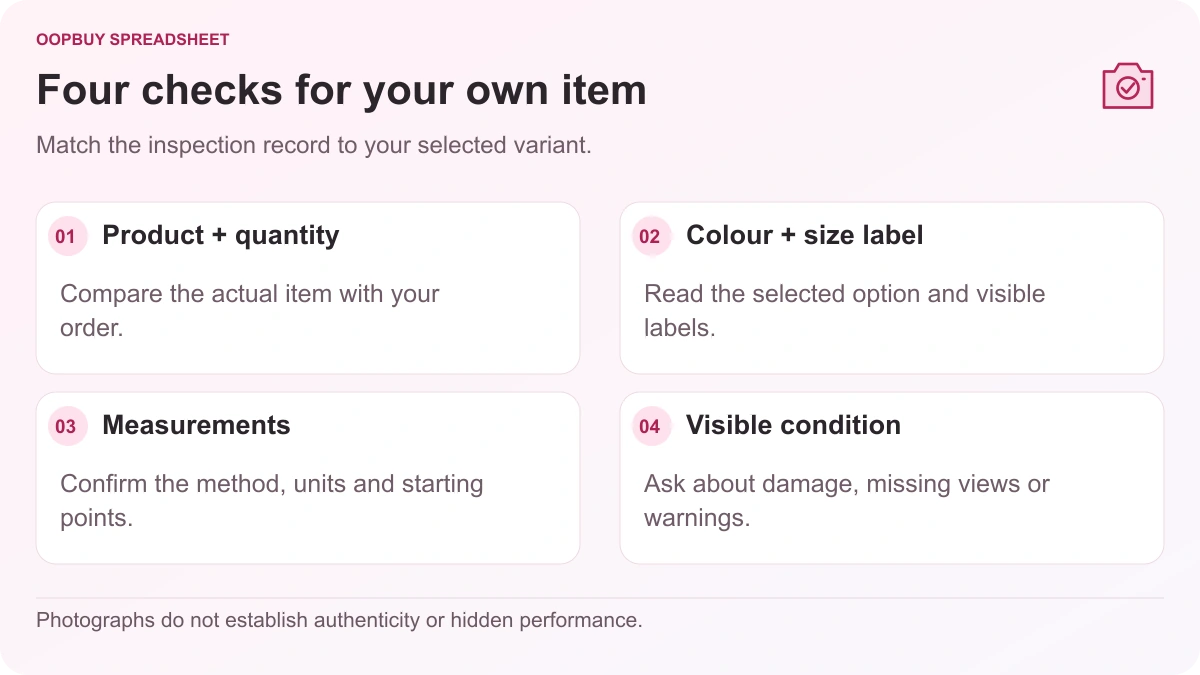 Oopbuy Spreadsheet QC checklist illustrating product identity, colour and size labels, garment measurements and visible condition.