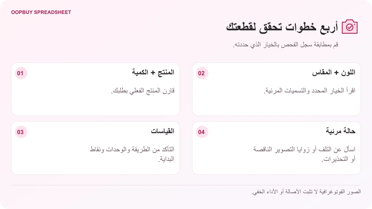 قائمة مرجعية Oopbuy Spreadsheet QC توضح هوية المنتج وملصقات اللون والحجم وقياسات الملابس والحالة المرئية.