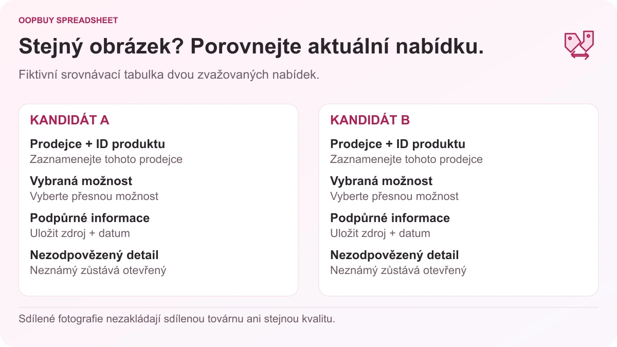 Srovnávací list Oopbuy Spreadsheet pro dva fiktivní výpisy, kontrola prodejce, ID produktu, vybraná možnost, důkazy a neznámé podrobnosti.