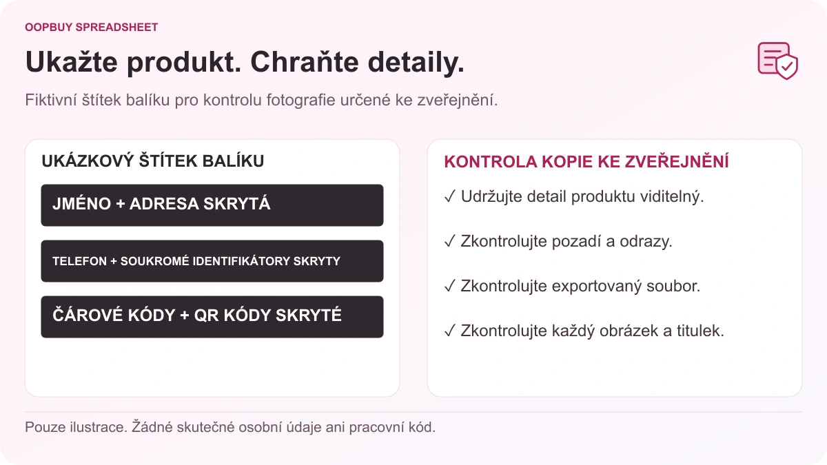 Ilustrace Oopbuy Spreadsheet o ochraně soukromí na fotografiích nákupů s ukázkovým štítkem, na němž jsou zakryty jméno, adresa, telefon, soukromé identifikátory a kódy.