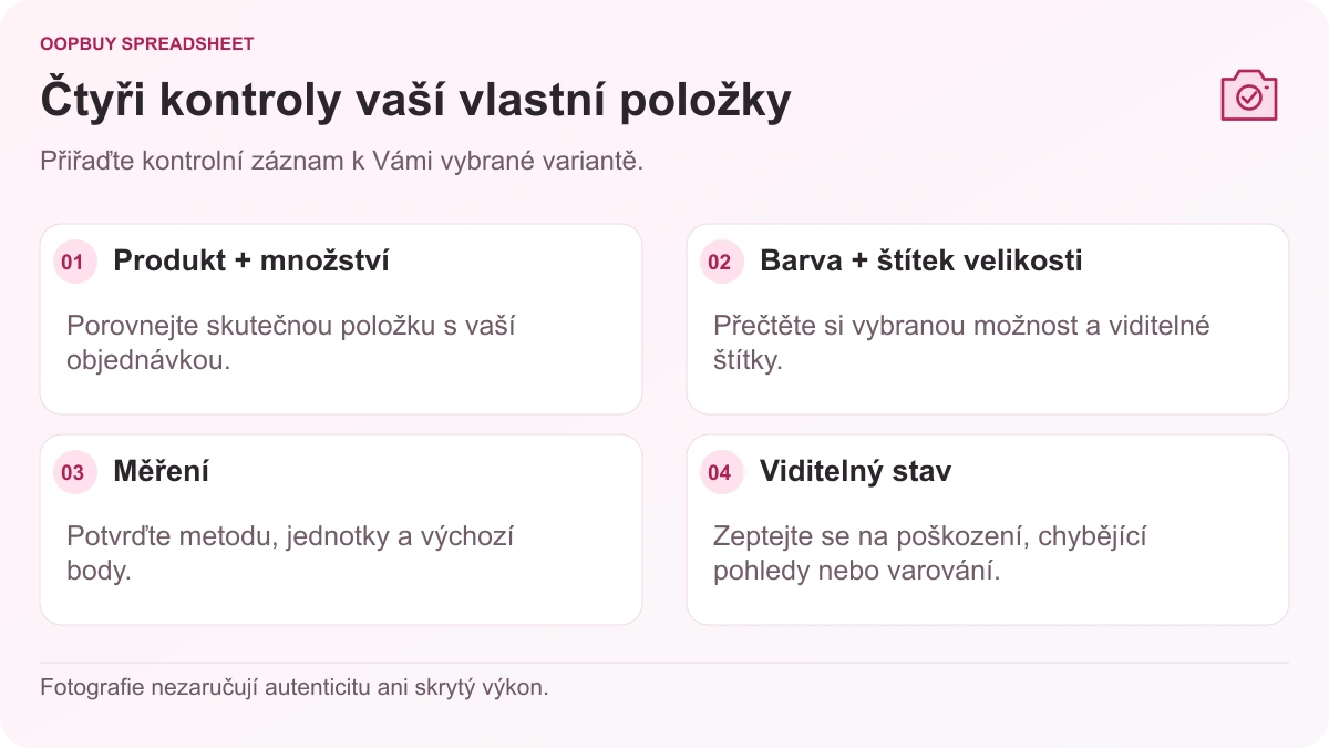 Oopbuy Spreadsheet Kontrolní seznam QC znázorňující identitu produktu, štítky barev a velikostí, míry oděvu a viditelný stav.
