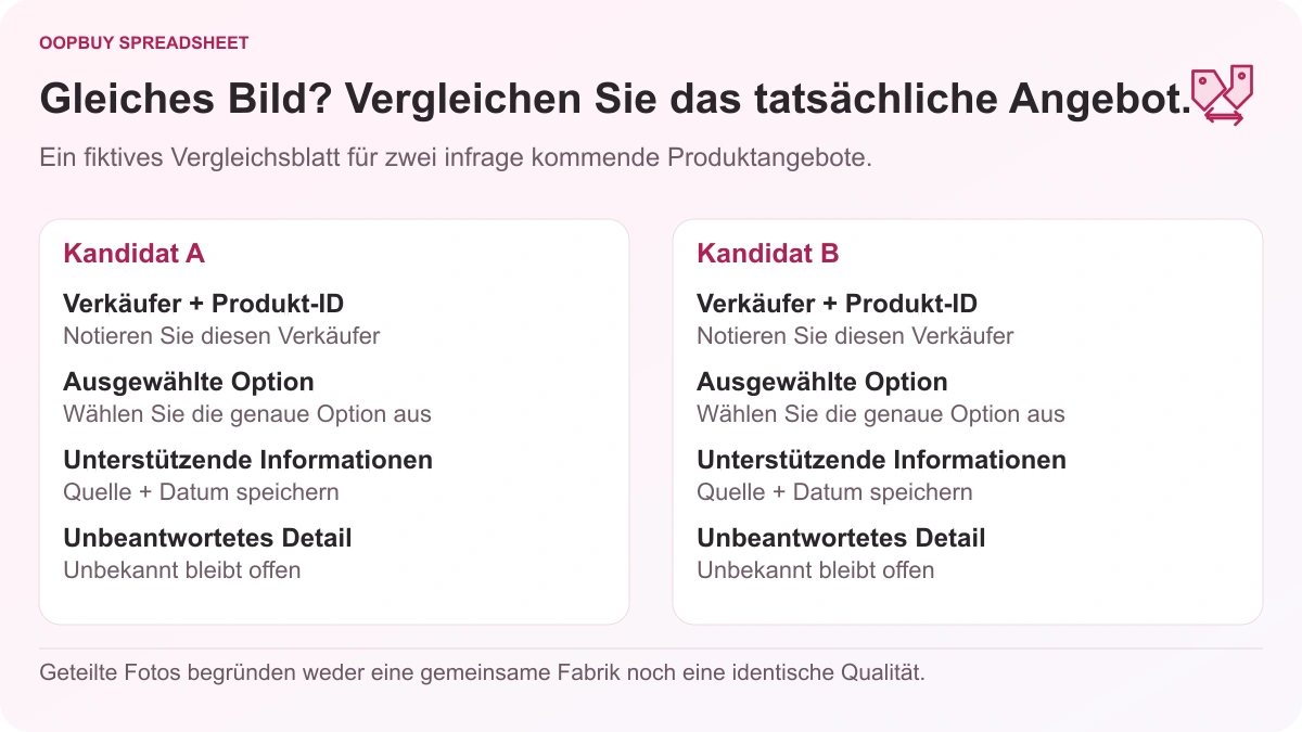 Oopbuy Spreadsheet-Vergleichsblatt für zwei fiktive Angebote, auf dem Verkäufer, Produkt-ID, ausgewählte Option, Beweise und unbekannte Details überprüft werden.