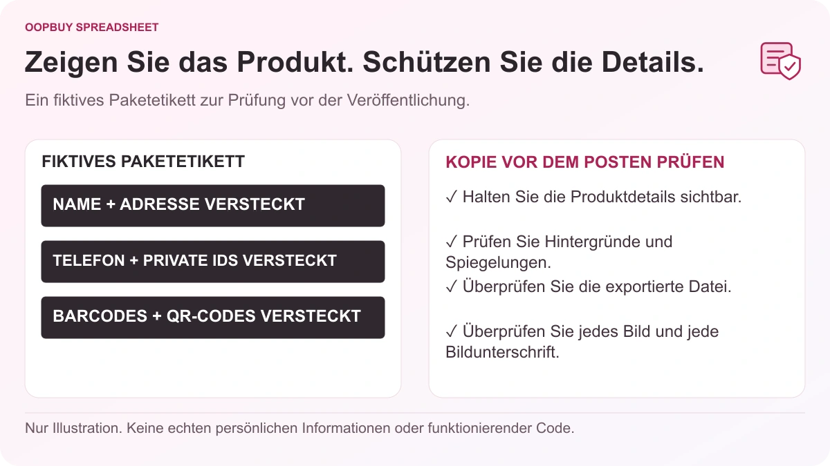 Oopbuy Spreadsheet: Illustration zum Schutz privater Angaben auf Haul-Fotos. Auf einem fiktiven Versandetikett sind Name, Adresse, Telefonnummer, private Referenzen und Codebereiche abgedeckt.