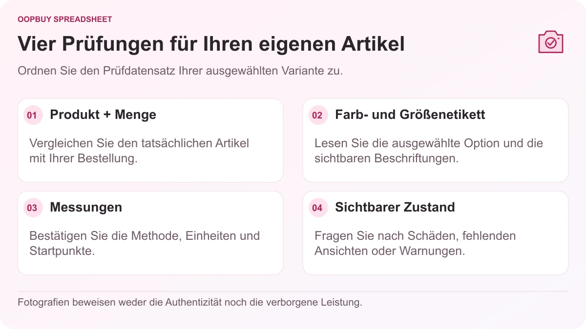 Oopbuy Spreadsheet QC-Checkliste zur Veranschaulichung der Produktidentität, Farb- und Größenetiketten, Kleidungsstückmaßen und sichtbarem Zustand.