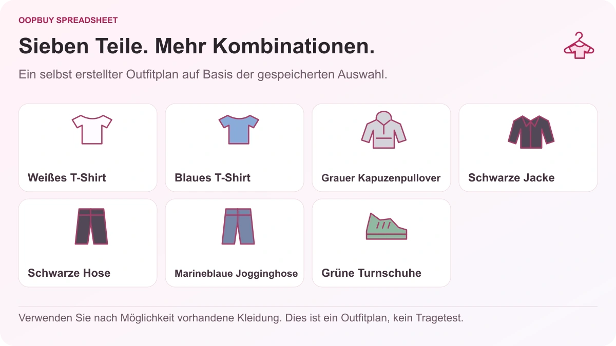 Illustration der Oopbuy Spreadsheet-Kapselgarderobe mit zwei T-Shirts, einem grauen Kapuzenpullover, einer schwarzen Jacke, zwei Hosen und grünen Turnschuhen in sieben Teilen.