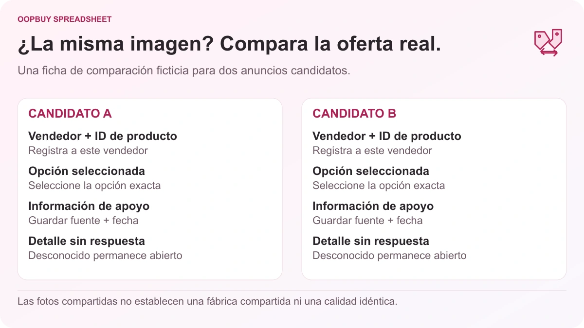 Hoja comparativa Oopbuy Spreadsheet para dos listados ficticios, verificando vendedor, ID del producto, opción seleccionada, evidencia y detalles desconocidos.