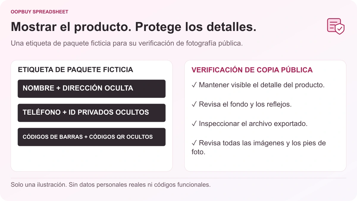 Oopbuy Spreadsheet haul: ilustración de privacidad fotográfica con una etiqueta simulada que cubre el nombre, la dirección, el teléfono, las referencias privadas y las áreas de códigos.