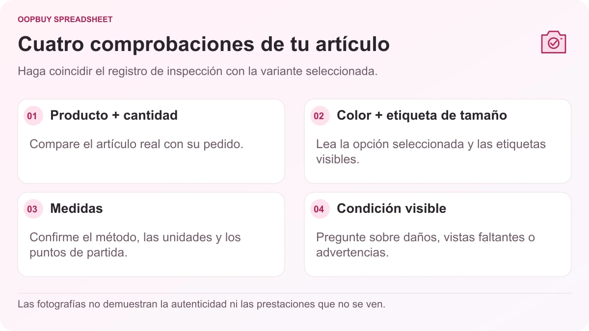 Lista de verificación Oopbuy Spreadsheet QC que ilustra la identidad del producto, etiquetas de color y tamaño, medidas de la prenda y condición visible.