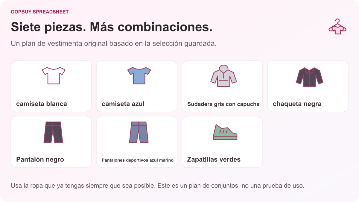 Ilustración del guardarropa cápsula Oopbuy Spreadsheet que muestra dos camisetas, una sudadera con capucha gris, una chaqueta negra, dos pantalones y zapatillas verdes en siete piezas.