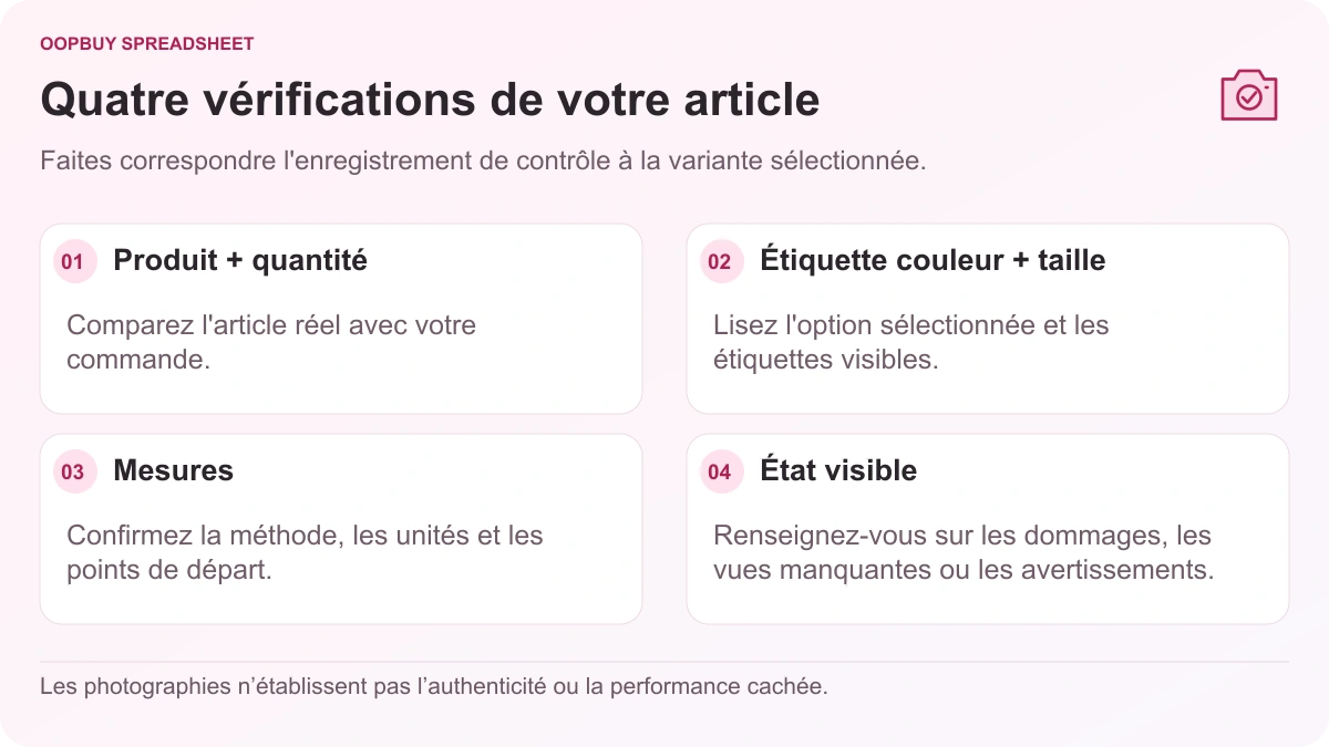 Liste de contrôle Oopbuy Spreadsheet QC illustrant l'identité du produit, les étiquettes de couleur et de taille, les mesures du vêtement et l'état visible.
