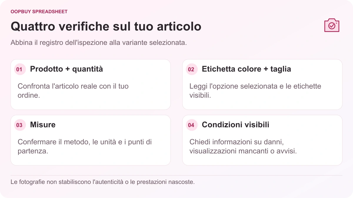 Oopbuy Spreadsheet QC Lista di controllo che illustra l'identità del prodotto, le etichette di colore e taglia, le misure degli indumenti e le condizioni visibili.
