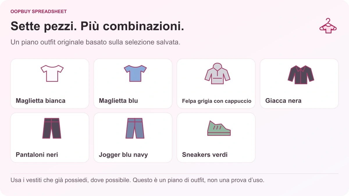 Illustrazione del guardaroba capsula Oopbuy Spreadsheet che mostra due magliette, una felpa con cappuccio grigia, una giacca nera, due pantaloni e scarpe da ginnastica verdi in sette pezzi.