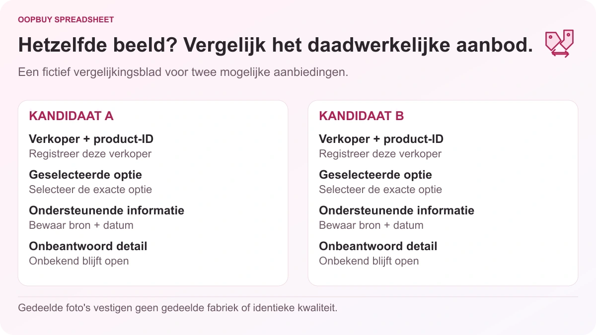 Oopbuy Spreadsheet-vergelijkingsblad voor twee fictieve aanbiedingen, waarbij de verkoper, product-ID, geselecteerde optie, bewijsmateriaal en onbekende details worden gecontroleerd.