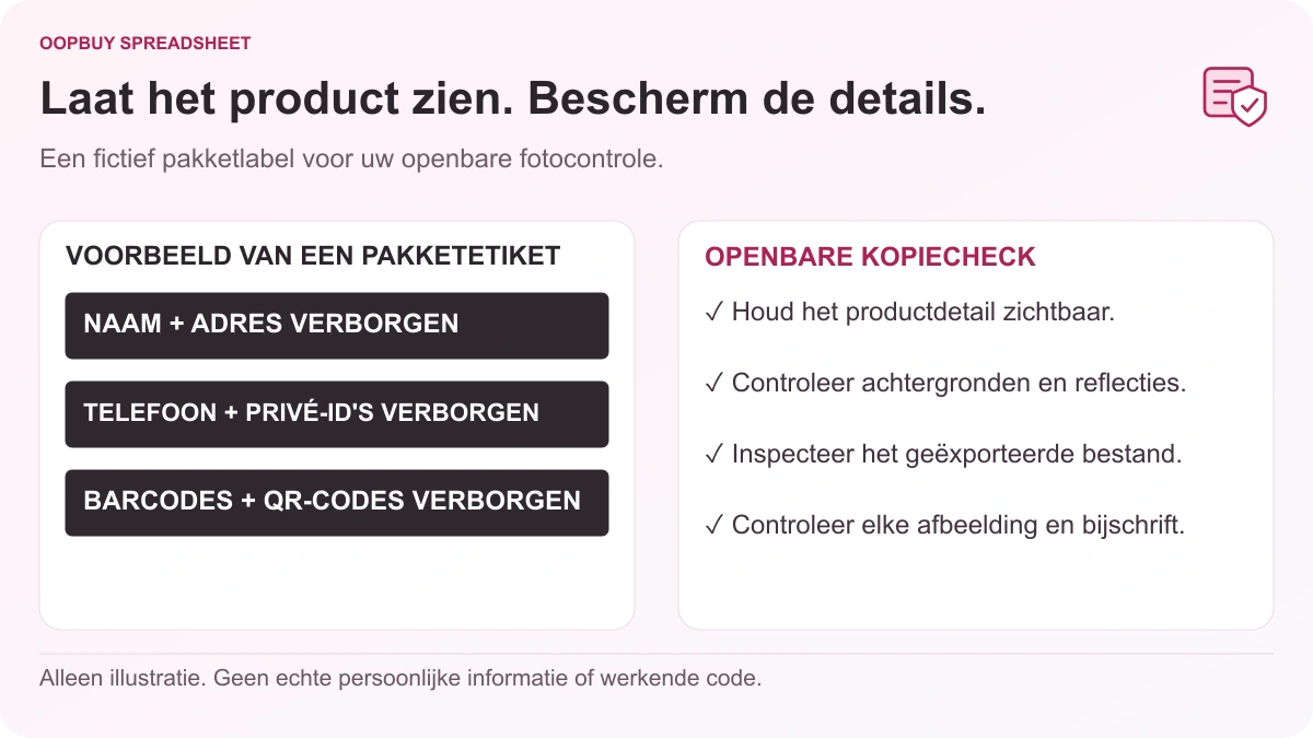 Oopbuy Spreadsheet-illustratie over privacy op haulfoto’s, met een voorbeeldetiket waarop naam, adres, telefoonnummer, privéreferenties en codes zijn afgedekt.
