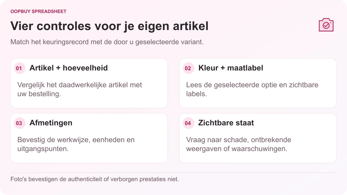 Oopbuy Spreadsheet QC checklist ter illustratie van de productidentiteit, kleur- en maatlabels, kledingafmetingen en zichtbare staat.