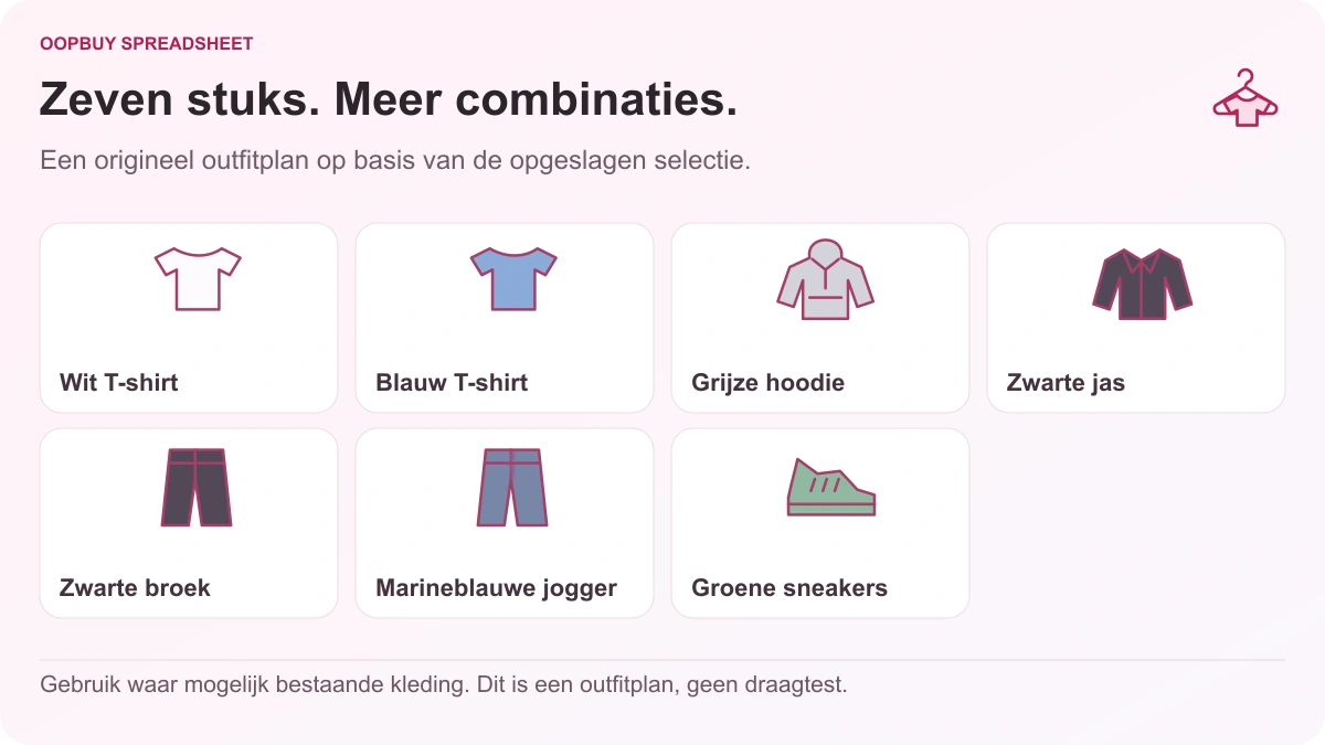 Oopbuy Spreadsheet capsule garderobe-illustratie met twee T-shirts, een grijze hoodie, een zwart jasje, twee broeken en groene sneakers in zeven delen.