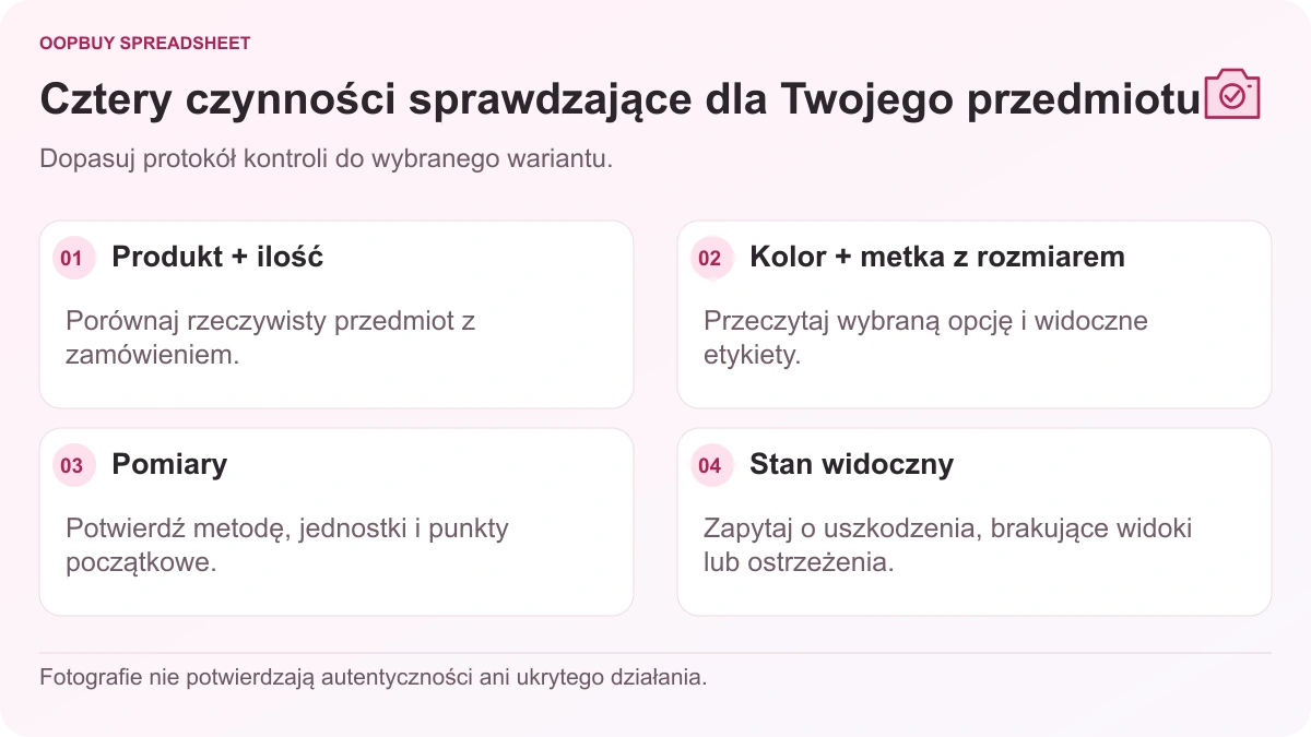 Oopbuy Spreadsheet QC lista kontrolna ilustrująca tożsamość produktu, etykiety kolorów i rozmiarów, wymiary odzieży i widoczny stan.