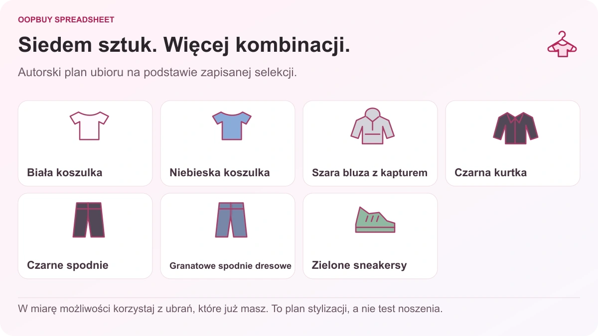 Ilustracja garderoby kapsułowej Oopbuy Spreadsheet: siedem elementów — dwie koszulki, szara bluza z kapturem, czarna kurtka, dwie pary spodni i zielone sneakersy.