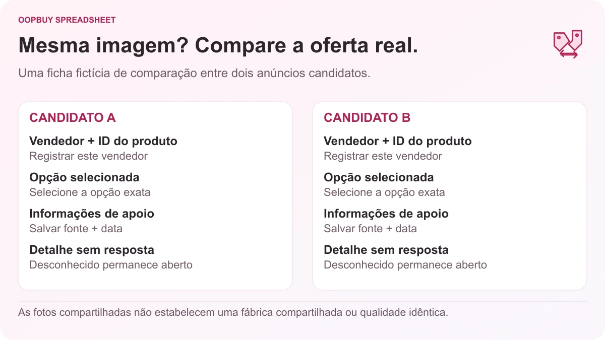 Folha de comparação Oopbuy Spreadsheet para duas listagens fictícias, verificando vendedor, ID do produto, opção selecionada, evidências e detalhes desconhecidos.