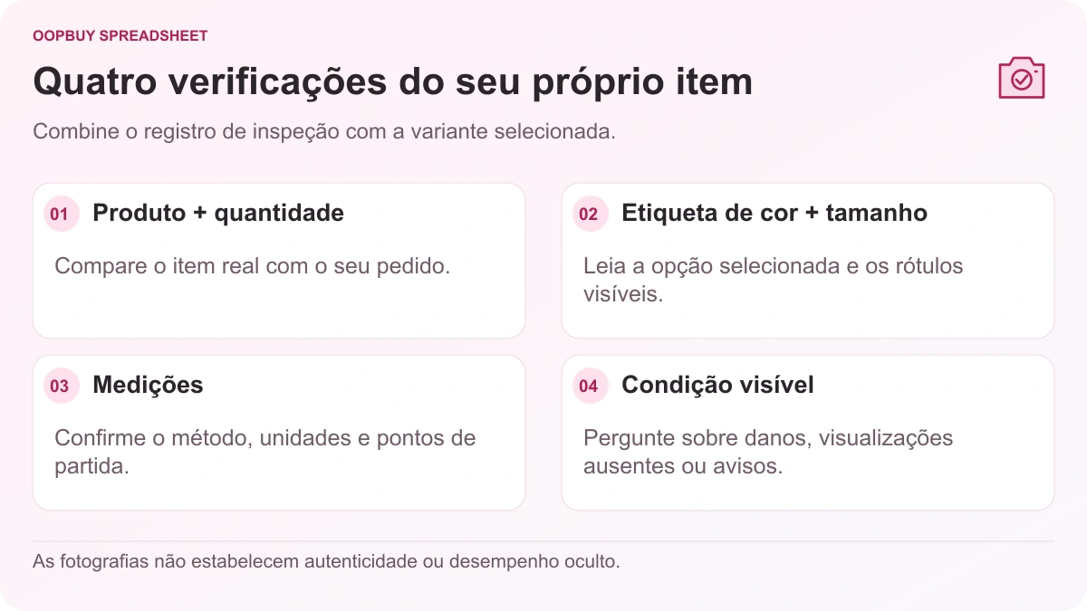 Oopbuy Spreadsheet Lista de verificação QC ilustrando a identidade do produto, etiquetas de cor e tamanho, medidas da roupa e condição visível.