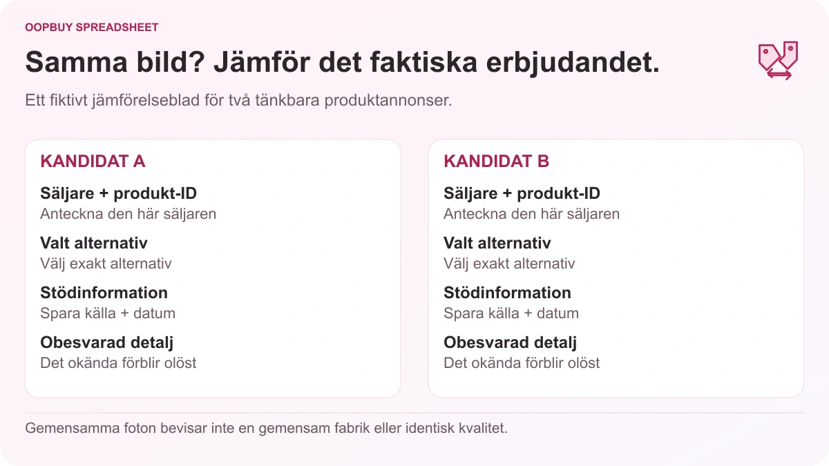 Oopbuy Spreadsheet jämförelseblad för två fiktiva listor, kontrollera säljare, produkt-ID, valt alternativ, bevis och okända detaljer.