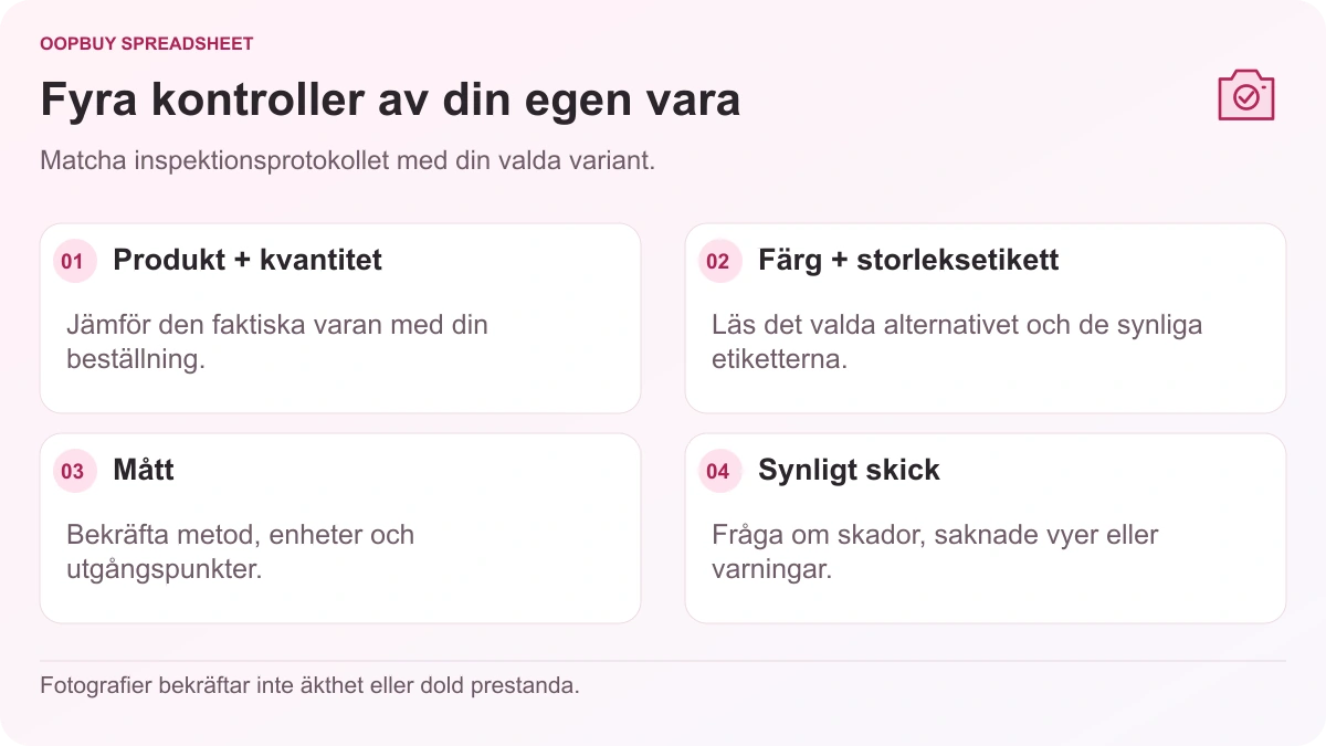 Oopbuy Spreadsheet QC checklista som illustrerar produktens identitet, färg- och storleksetiketter, plaggmått och synligt skick.