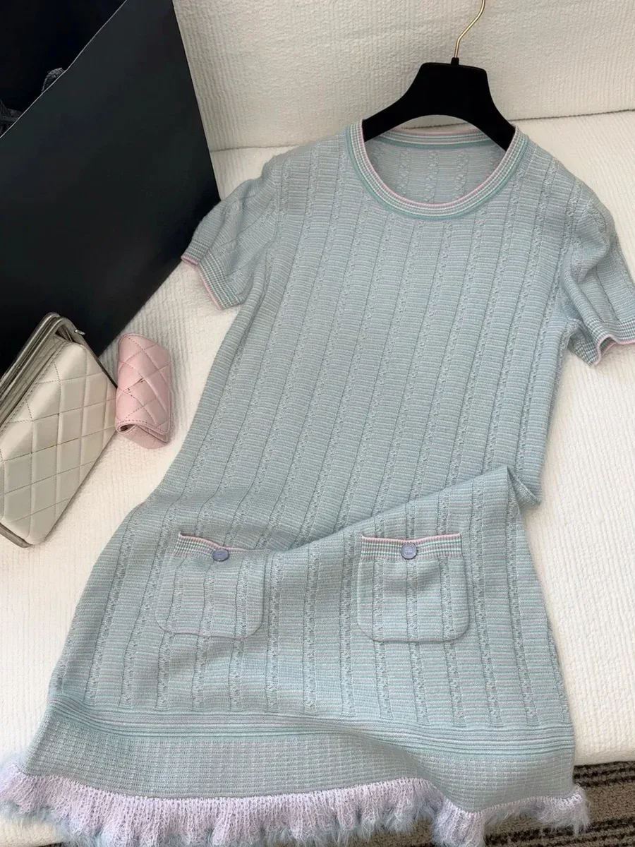Light Blue Ribbed Knit Dress with Fringe Detail