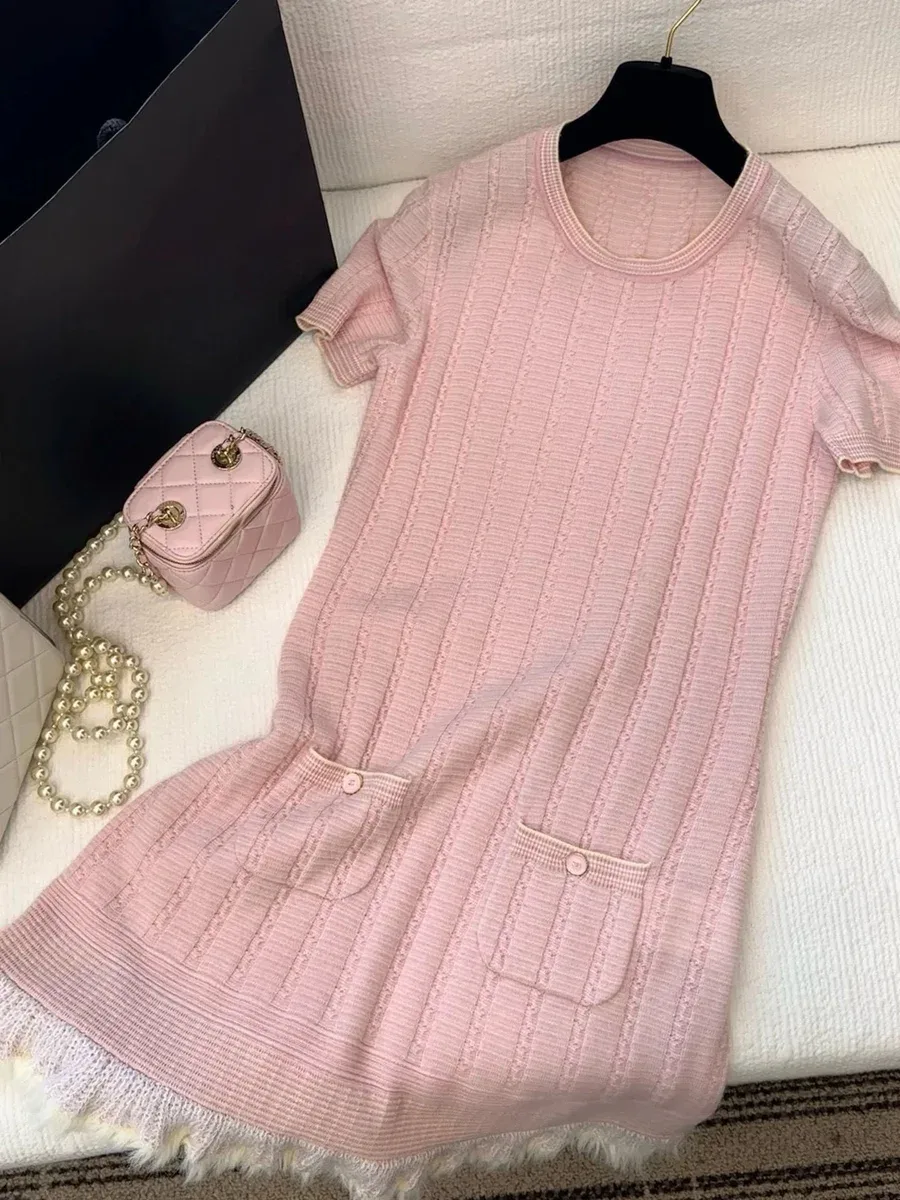 Pink Ribbed Knit Dress with Pockets