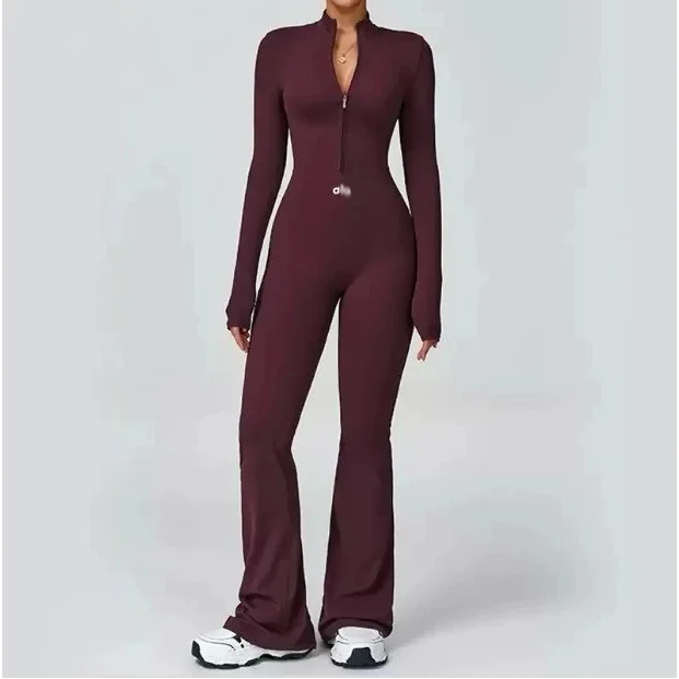 Burgundy High-Neck Zip-Up Jumpsuit