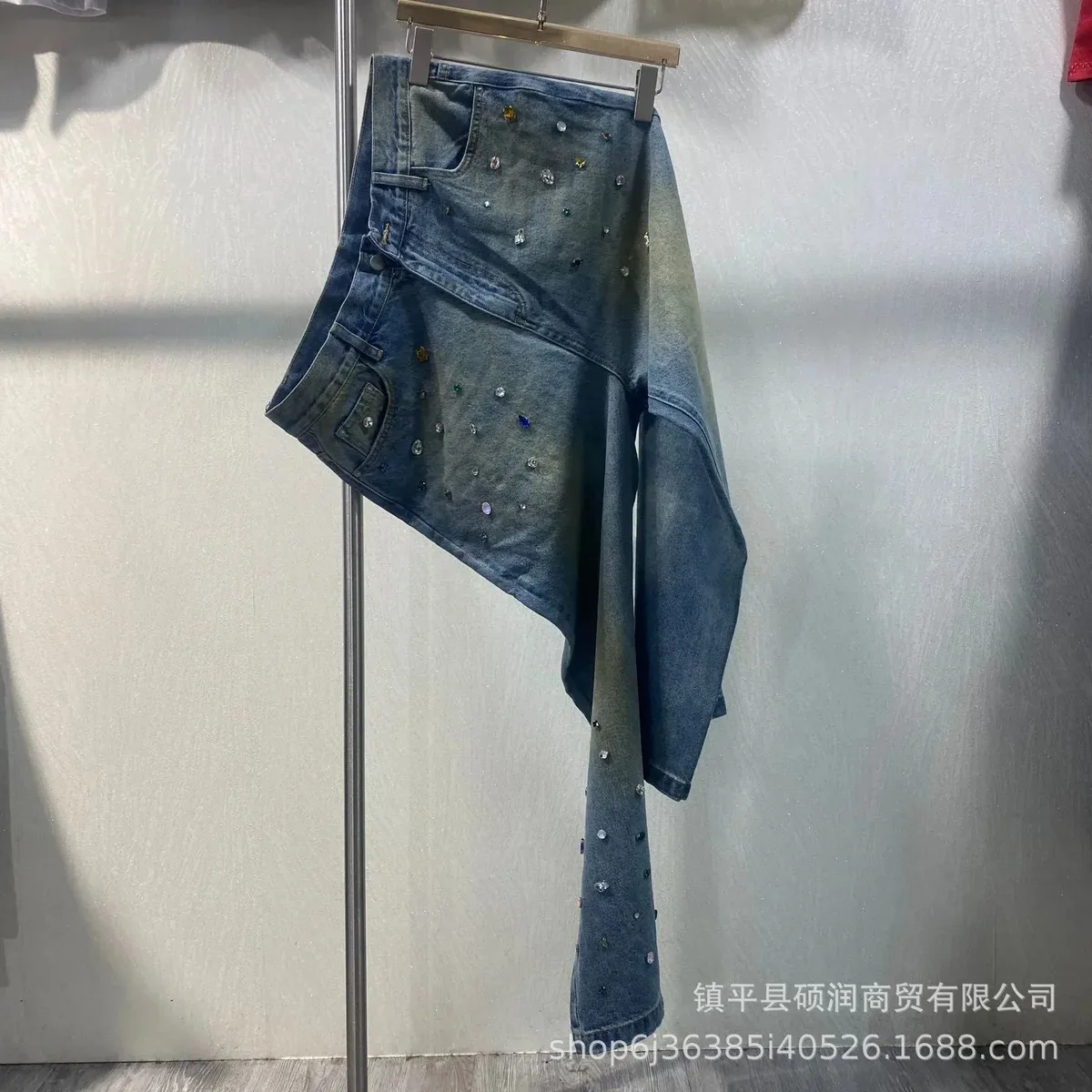 Blue Embellished Asymmetric Denim Skirt