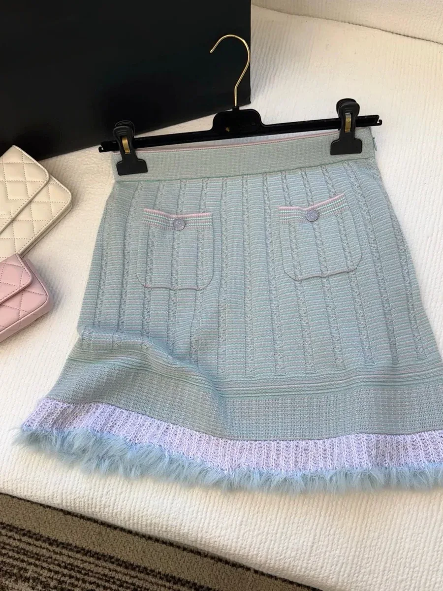 Blue Knitted Skirt with Purple Trim