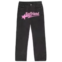 Women's Black Denim Boyfriend Trousers with Pink Logo