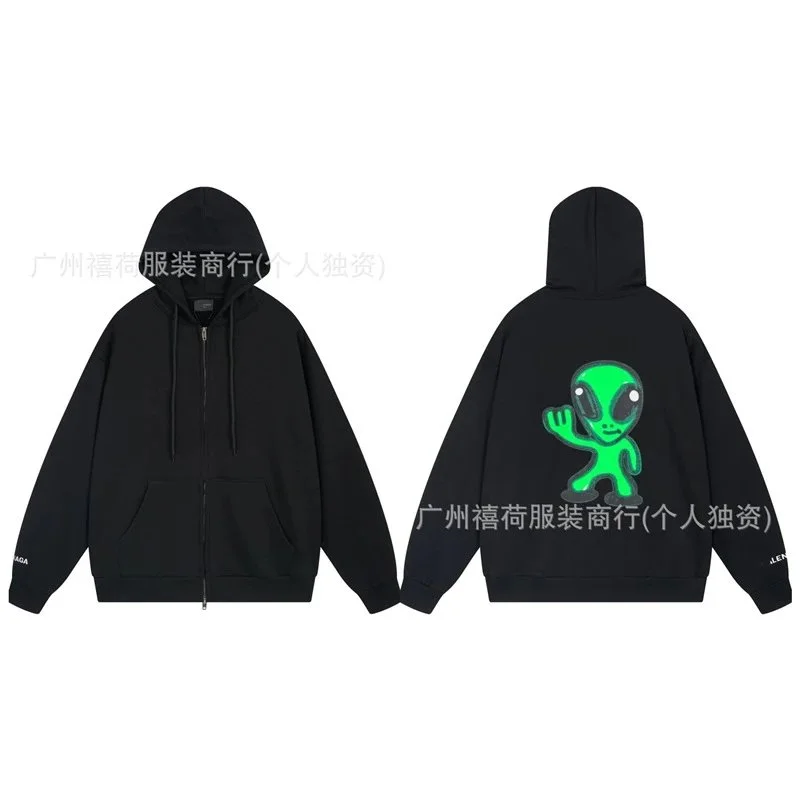 Black Zip-Up Hoodie with Green Alien Graphic